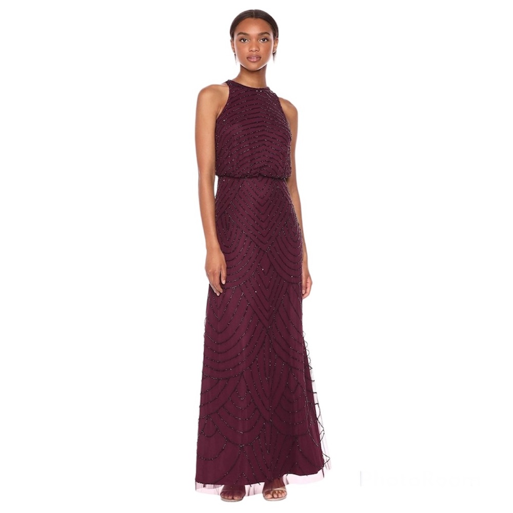 Adrianna Papell Burgundy Purple Halter Deco Beaded Prom Gown